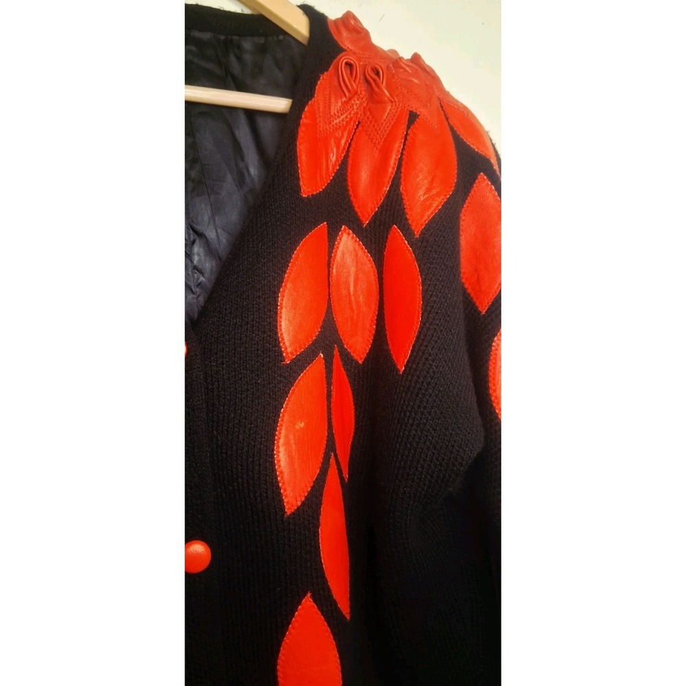 Vintage 80s Sweater Cardigan‎ Red Leather Roses Retro Stranger Things Aesthetic - Picture 6 of 15